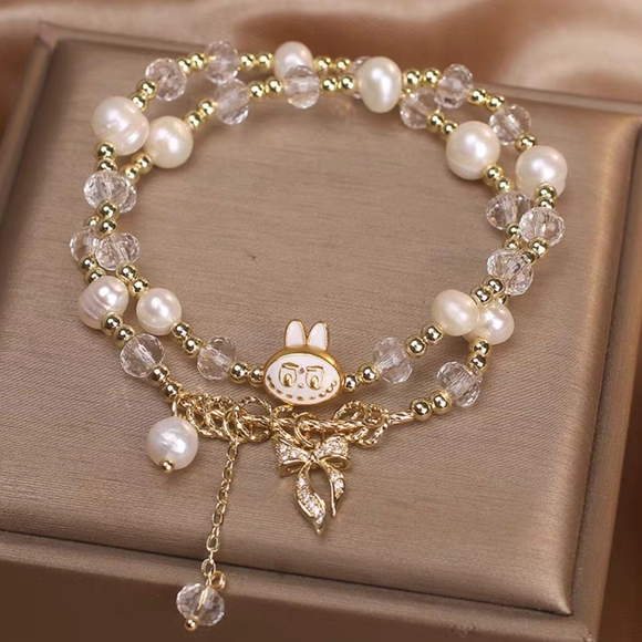 Labubu Inspired Double-Strand Pearl & Crystal Bracelet Gold & White - Picture 3 of 8